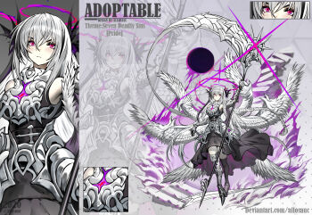 1girl 2020 adoptable allosauc angel angel_wings armor armored_boots artist_name asymmetrical_footwear black_dress black_hood black_thighhighs boots braid breasts reference_sheet circle_skirt closed_mouth commentary deviantart_username dress english_commentary english_text faulds feathered_wings gradient_background grey_background grey_footwear hair_ribbon halo high_heel_boots high_heels highres holding holding_scythe large_breasts light_blush light_frown long_hair looking_at_viewer multiple_views multiple_wings original pleated_skirt polka_dot polka_dot_background purple_eyes purple_halo purple_ribbon ribbon scythe seven_deadly_sins short_dress simple_background single_braid single_thigh_boot single_thighhigh skirt sleeveless sleeveless_dress smoke stairs thigh_boots thighhighs torn_clothes torn_dress triangle_background v-shaped_eyebrows very_long_hair white_armor white_hair white_wings wings