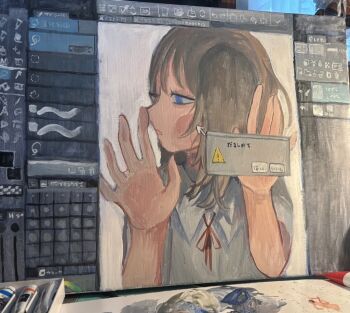 1girl acrylic_paint_(medium) against_fourth_wall blue_eyes brown_hair cursor fake_screenshot hands_up kapura looking_to_the_side medium_hair original painting_(medium) short_sleeves solo traditional_media upper_body user_interface window_(computing)