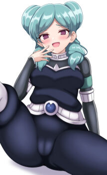 Rule 34 | 1girl, absurdres, beta (inazuma eleven), black shrug, blue bodysuit, blue hair, blush, bodysuit, breasts, cameltoe, commentary request, double bun, hair bun, hand up, highres, inazuma eleven (series), inazuma eleven go, inazuma eleven go chrono stone, long hair, long sleeves, looking at viewer, medium breasts, namako muri, no pupils, open mouth, parted bangs, partial commentary, purple eyes, shrug (clothing), simple background, smile, solo, spread legs, white background