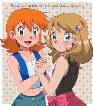 2girls :d alternate_costume alternate_hair_length alternate_hairstyle aqua_shorts bare_arms bare_shoulders black_shirt blue_eyes blue_shorts blue_vest blush border bow breasts brown_hair character_name closed_mouth collarbone cosplay costume_switch cropped_vest earrings eyelashes green_eyes green_shorts hair_between_eyes hair_down hair_ornament hairclip hand_up heart heart_earrings highres holding_hands interlocked_fingers jewelry long_hair looking_at_viewer medium_hair midriff misty_(pokemon) miyuki_tsukiyono multiple_girls navel nintendo open_clothes open_mouth open_vest orange_hair outside_border pink_bow pleated_skirt pokemon pokemon_(anime) pokemon_(classic_anime) pokemon_journeys red_skirt serena_(pokemon) shirt short_hair shorts skirt sleeveless sleeveless_shirt smile tongue twitter_username vest white_border white_shirt