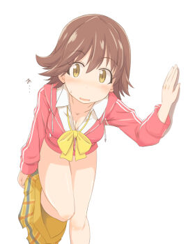 ... 1girl arm_support blush bow bowtie breasts brown_hair cleavage collarbone collared_shirt commentary_request dress_shirt embarrassed foot_out_of_frame hair_between_eyes honda_mio hood hood_down hooded_jacket idolmaster idolmaster_cinderella_girls invisible_wall jacket kugui_kiyunemu leaning_forward long_sleeves looking_at_viewer medium_breasts medium_hair open_mouth pink_jacket plaid_clothes plaid_skirt pleated_skirt shadow shirt sidelocks simple_background skirt solo standing standing_on_one_leg sweat thighs undressing white_background white_shirt yellow_bow yellow_bowtie yellow_eyes yellow_skirt