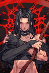 Rule 34 | 1boy, abs, black bridal gauntlets, black choker, black hair, black shirt, bridal gauntlets, choker, crop top, fingerless gloves, gloves, guilty gear, guilty gear xx, holding, holding scythe, hungry clicker, long hair, looking at viewer, muscular, muscular male, off-shoulder shirt, off shoulder, red eyes, scythe, shirt, single bridal gauntlet, single glove, solo, studded choker, testament (guilty gear), tight clothes, tight shirt, upper body