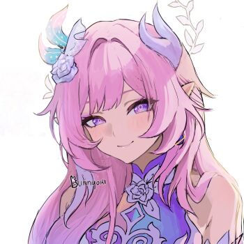 1girl artist_name bare_shoulders bunnyoki commentary cyrene_(demiurge)_(honkai:_star_rail) cyrene_(honkai:_star_rail) hair_ornament highres honkai:_star_rail honkai_(series) long_hair looking_at_viewer pink_hair pointy_ears portrait purple_eyes revision signature simple_background smile solo white_background