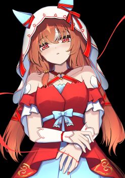 1girl absurdres animal_ears black_background blush breasts brown_hair collarbone commentary_request detached_sleeves fingernails hair_between_eyes hair_ornament highres horse_ears horse_girl horse_tail long_hair looking_at_viewer simple_background small_breasts solo still_in_love_(umamusume) tail umamusume veil wakaraaan