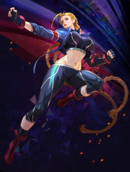 1girl abs absurdres alternate_breast_size_(larger) ankle_boots blonde_hair blue_eyes blue_jacket boots braid breasts cammy_white chinese_commentary clenched_hand commentary_request cropped_jacket fingerless_gloves fingernails full_body gloves highres jacket kulu_(ku-lu) large_breasts long_hair looking_at_viewer midriff muscular muscular_female nail_polish navel open_clothes open_jacket pants parted_lips red_boots red_nails sports_bra street_fighter street_fighter_6 thighs tight_clothes tight_pants twin_braids very_long_hair