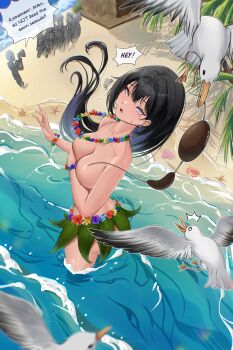 1girl absurdres bare_shoulders beach bird black_hair blush bracelet breasts clam cleavage coconut coconut_bra collarbone covered_erect_nipples crab crowd ear_piercing earrings facial_mark flower flower_necklace grass_skirt grey_eyes heart heart_facial_mark highres jewelry large_breasts lei long_hair looking_at_viewer mole mole_under_eye nabi_(wonnikon) navel necklace original palm_leaf palm_tree piercing seagull skirt speech_bubble starfish stomach sweat sweatdrop tree water wonnikon