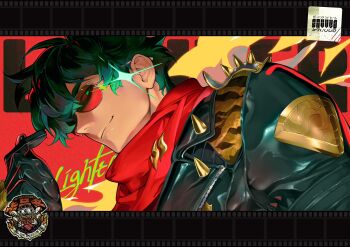 Rule 34 | 1boy, artist name, black gloves, black jacket, character name, closed mouth, commentary, emblem, english commentary, fire, glint, gloves, green eyes, green hair, hand up, highres, jacket, lapels, leather, leather jacket, letterboxed, lighter (zenless zone zero), looking at viewer, male focus, parted bangs, red-tinted eyewear, red background, red scarf, scarf, short hair, smile, smirk, snvvvo, solo, spikes, sunglasses, tinted eyewear, upper body, watermark, zenless zone zero