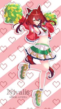 absurdres alternate_costume animal_ears armpits blush breasts cheerleader commentary_request full_body galanthus genkai_made_pom_pon!! green_eyes hair_between_eyes hair_ornament heart highres horse_ears horse_girl horse_tail jacket long_hair looking_at_viewer navel one_eye_closed pom_pom_(cheerleading) red_hair simple_background small_breasts tail twintails umamusume win_variation_(umamusume)