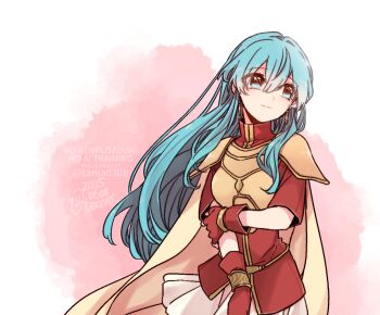 1girl armor blue_eyes blue_hair cape closed_mouth cowboy_shot dress_shirt earrings eirika_(fire_emblem) fire_emblem fire_emblem:_the_sacred_stones floating_hair gloves hair_between_eyes head_tilt jewelry leather_armor long_hair miniskirt nintendo pleated_skirt red_gloves red_shirt sayu030b shirt short_sleeves shoulder_armor skirt smile solo standing twitter_username very_long_hair watermark white_skirt yellow_cape