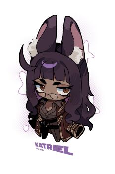 Rule 34 | 1girl, animal ears, belt, character name, chibi, coat, coat on shoulders, commentary, english commentary, formal clothes, glasses, highres, katriel (project moon), limbus company, multiple belts, ny 000a, project moon, rabbit ears, signature, white background