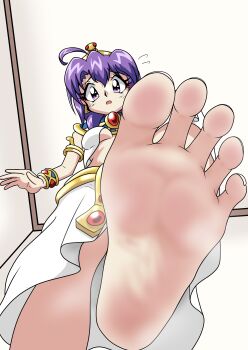 Rule 34 | 1girl, absurdres, barefoot, blush, feet, from below, highres, jashin-chan dropkick, looking at viewer, medium hair, medusa (jashin-chan dropkick), open mouth, pov, purple eyes, purple hair, soles, stag0324, steam, toes