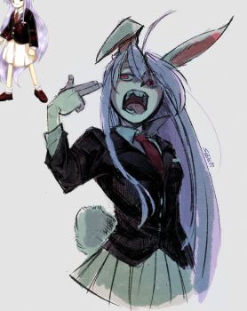Rule 34 | 1girl, animal ears, artist name, black jacket, commentary, finger gun, finger gun to head, jacket, long hair, long sleeves, necktie, official art inset, open mouth, purple hair, rabbit ears, rabbit girl, rabbit tail, red eyes, red necktie, reisen udongein inaba, shirt, skirt, sleep (isliping), solo, tail, teeth, touhou, very long hair, white shirt, white skirt, zun (artist)