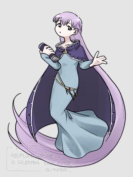 1girl absurdly_long_hair blue_dress blunt_bangs book braid breasts cape commentary_request dress fire_emblem fire_emblem:_the_binding_blade full_body grey_background half_up_braid hands_up highres holding holding_book jihh7033p long_hair looking_at_viewer nintendo purple_cape purple_eyes purple_hair simple_background small_breasts solo sophia_(fire_emblem) very_long_hair watermark