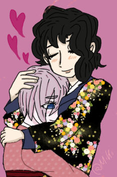 Rule 34 | 2girls, dazai osamu (isekai shikkaku), genderswap, genderswap (mtf), heart, isekai shikkaku, multiple girls, pink background, sacchan (isekai shikkaku), simple background, template, yuri