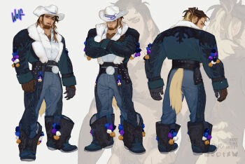 1boy ass bara beard body_fur boots brown_hair chest_hair_peek chest_tuft cowboy_hat cowboy_western crossed_arms denim facial_hair full_beard hat head_tilt highres jeans long_hair looking_at_viewer looking_back male_focus mature_male monster_boy multiple_views muscular muscular_male original paexie pants reference_sheet standing thick_eyebrows werewolf wolf_(paexie) wolf_boy