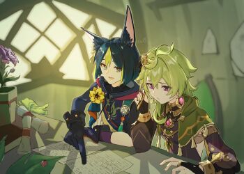 1boy 1girl animal_ear_fluff animal_ears black_bridal_gauntlets black_gloves black_hair blurry blurry_background bridal_gauntlets brown_dress bug capelet chair closed_mouth collei_(genshin_impact) commentary_request dress earrings elbow_rest flower fox_boy fox_ears gem genshin_impact gloves green_capelet green_eyes green_hair hair_between_eyes hair_ornament hand_up highres holding holding_pencil indoors insect jewelry ladybug long_sleeves medium_hair on_chair open_mouth paper pencil pink_gem plant potted_plant purple_eyes scroll short_hair side-by-side single_earring sitting studying tighnari_(genshin_impact) twitter_username window yellow_flower youkainekomata0