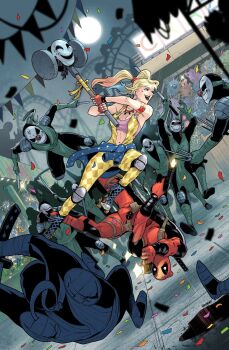1boy 1girl 6+others :d aiming argyle_clothes armlet batman_(series) birds_of_prey_(movie) black_bodysuit blonde_hair blue_eyes blue_hair blue_jacket bodysuit breasts bunting cleavage clothes_around_waist clown_mask commentary confetti crossover dc_comics dc_extended_universe deadpool deadpool_(series) dual_wielding earrings english_commentary facial_mark fighting fingerless_gloves firing gen_1_pokemon gloves gun hammer handgun harley_quinn heart heart_facial_mark highres holding holding_gun holding_hammer holding_weapon hoop_earrings jacket jacket_around_waist jewelry jigglypuff katana knee_pads marvel mask midriff multicolored_hair multiple_others muscular muscular_male navel necklace nintendo official_alternate_costume open_mouth overalls pink_sports_bra pokemon red_bodysuit red_gloves red_hair roller_skates sai_(weapon) silhouette silver_earrings skates smile sports_bra stuffed_animal stuffed_toy superhero_costume sword sword_on_back teddy_bear trait_connection twintails vasco_georgiev weapon weapon_on_back yellow_overalls