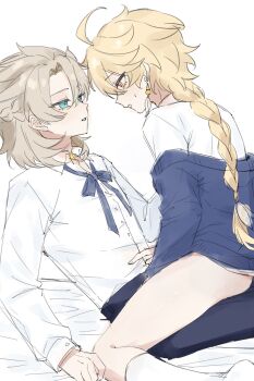 2boys aether_(genshin_impact) ahoge albedo_(genshin_impact) alternate_costume black_pants blonde_hair blue_bow blue_bowtie blue_eyes blue_sweater blush bow bowtie braid buttons collared_shirt earrings empty_eyes formal_clothes from_behind genshin_impact grey_hair hair_between_eyes hair_ornament hair_ribbon hair_tubes half-closed_eyes hashtag-only_commentary highres jewelry long_hair long_sleeves low-braided_long_hair low-tied_long_hair male_focus multiple_boys no_shoes on_bed pants puffy_long_sleeves puffy_sleeves ribbon shirt short_hair simple_background single_braid single_earring single_hair_tube sitting sitting_on_person socks sweatdrop sweater teeth tsuyaryouyado white_background white_ribbon white_shirt white_socks yaoi yellow_eyes