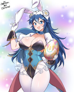 1girl animal_ears animal_hat blue_eyes blue_hair blush breasts cleavage cowboy_shot easter_egg egg fake_animal_ears fire_emblem fire_emblem_awakening fire_emblem_heroes gloves hat holding holding_egg jarckius large_breasts long_hair looking_at_viewer lucina_(fire_emblem) lucina_(spring_exalt)_(fire_emblem) nintendo official_alternate_costume open_mouth pantyhose playboy_bunny rabbit_ears rabbit_hat smile solo white_pantyhose