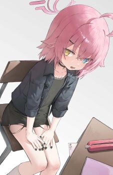 1girl absurdres ahoge black_choker black_dress black_jacket black_nails blue_archive blue_eyes brown_eyes chair choker collarbone commentary_request desk dress feet_out_of_frame grey_background hair_ornament hairclip halo hands_on_own_thighs heterochromia highres hoshino_(blue_archive) jacket merong_(sou47897) nail_polish on_chair open_clothes open_jacket pencil_case pink_hair school_chair school_desk simple_background sitting socks solo torn_clothes torn_dress white_socks