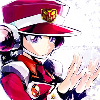 1girl autobot collared_shirt copyright_name jacket necktie open_hands orange_shirt portrait purple_eyes red_headwear red_jacket red_necktie shirt sikaku2012 solo star_(symbol) t-ai_(transformers) transformers transformers_car_robots