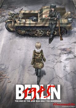 Rule 34 | 2girls, absurdres, black boots, black jacket, black pants, black shoes, blonde hair, boots, commentary, commission, english commentary, full body, green jacket, gun, helmet, highres, jacket, kettenkrad, kk90, looking at another, military, military uniform, military vehicle, multiple girls, original, outdoors, pants, rifle, shoes, standing, walking, weapon, world war ii