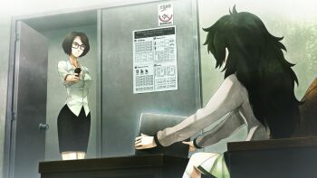 2girls aiming at_gunpoint black_hair black_skirt bob_cut breasts cleavage clothing_request collar collarbone collared_shirt computer dress ears_visible_through_hair from_side game_cg green_collar green_dress green_hair green_trim grey_jacket gun highres hiyajou_maho holding holding_gun holding_weapon huke indoors jacket jacket_over_dress judy_reyes kneehighs laptop long_hair long_sleeves mature_female medium_breasts messy_hair miniskirt multiple_girls official_art open_collar ringed_eyes science_adventure shirt short_hair sitting skirt small_breasts socks steins;gate steins;gate_0 very_long_hair weapon white_socks