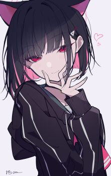1girl absurdres animal_ears artist_name black_choker black_hair black_jacket blue_archive blunt_ends blush cat_ears choker closed_mouth colored_inner_hair commentary from_side green_sailor_collar grey_background hair_behind_ear hair_ornament hairclip haku_(yanhaku) halo hand_to_own_mouth hand_up heart highres hood hood_down hooded_jacket jacket kazusa_(blue_archive) long_sleeves looking_at_viewer looking_to_the_side multicolored_hair neckerchief pendant_choker pink_hair pink_halo pink_neckerchief red_eyes sailor_collar school_uniform serafuku shade short_hair simple_background sleeves_past_wrists smile solo symbol-only_commentary two-tone_hair upper_body