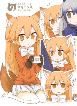 10s 3girls animal_ears bad_id bad_twitter_id black_hair black_neckwear blonde_hair blue_jacket bow bowtie brown_eyes brown_gloves capybara_(kemono_friends) character_name closed_eyes extra_ears ezo_red_fox_(kemono_friends) flying_sweatdrops fox_ears fox_tail frown fur_trim gloves grey_hair hair_between_eyes hand_on_another&#039;s_shoulder handheld_game_console holding jacket japari_symbol kemono_friends long_hair long_sleeves looking_at_another miniskirt multicolored_hair multicolored_legwear multiple_girls multiple_views orange_jacket orange_neckwear pantyhose pleated_skirt pocket sankaku-san_(papapahead) silver_fox_(kemono_friends) simple_background sitting skirt sweatdrop tail towel towel_on_head very_long_hair wariza white_background white_legwear white_neckwear white_skirt