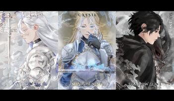 Rule 34 | 1boy, 2girls, aphora, armor, black gloves, black hair, black tunic, blonde hair, blue eyes, cassie (shadow slave), character name, collage, commentary, crown, english commentary, gloves, grey eyes, hand up, horns, letterboxed, long hair, looking at viewer, looking to the side, mask, multiple girls, nephis (shadow slave), shadow slave, shadow weaver, short hair, sunny (shadow slave), sword, tunic, weapon, white hair