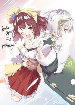 Rule 34 | 2girls, artist name, atelier (series), atelier sophie, book, commentary request, green eyes, happy anniversary, headscarf, highres, kaaaaatan193, looking at viewer, multiple girls, open mouth, plachta, red hair, red skirt, simple background, skirt, sophie neuenmuller, white hair, yellow headscarf