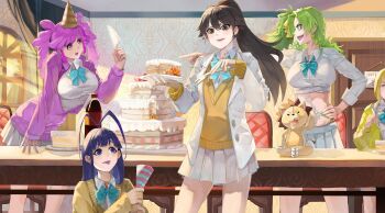 3boys 4girls :d alternate_costume alternate_hairstyle antenna_hair aqua_bow aqua_bowtie bambietta_basterbine birthday birthday_cake black_eyes black_hair bleach bleach:_sennen_kessen-hen blonde_hair blunt_bangs blush bob_cut bow bowtie breasts cake cake_slice candice_catnipp cardigan collared_shirt commentary cowboy_shot cropped_shirt day deadman70232800 eyes_visible_through_hair food fork giselle_gewelle green_eyes green_hair green_nails hair_between_eyes hair_over_shoulder hair_ribbon hand_on_own_hip happy_birthday hat highres holding holding_fork holding_knife holding_party_popper holding_plate indoors ishida_uryuu jacket knife kon_(bleach) kurosaki_ichigo large_breasts leaning_forward liltotto_lamperd long_hair long_sleeves looking_at_another looking_down looking_up meninas_mcallon miniskirt multiple_boys multiple_girls nail_polish open_cardigan open_clothes open_jacket open_mouth party_hat party_popper pink_eyes pink_hair plate pleated_skirt ponytail profile purple_cardigan red_ribbon ribbon school_uniform shirt short_hair side_ponytail skirt sleeves_past_wrists smile straight_hair stuffed_animal stuffed_lion stuffed_toy sunlight tareme teeth tongue tongue_out trap tsurime twintails upper_body v-shaped_eyebrows white_jacket white_shirt white_skirt window yellow_cardigan yellow_eyes yellow_ribbon