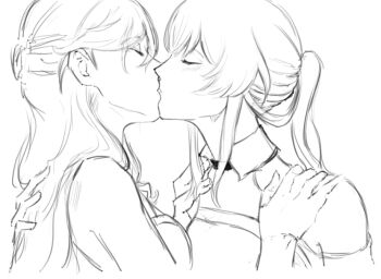 2girls closed_eyes collared_shirt commentary greyscale hands_on_another&#039;s_shoulders himeko_(honkai:_star_rail) honkai:_star_rail honkai_(series) kafka_(honkai:_star_rail) kiss long_hair monochrome multiple_girls ponytail setima_7c shirt yuri