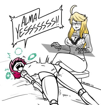 2022 2girls ^^^ absurdres ahoge alma_armas android artist_name barcode barcode_tattoo blonde_hair bra breasts closed_eyes closed_mouth clothes_lift colored_skin commentary completely_nude crossed_legs dorothy_haze english_commentary english_text female_orgasm glasses hairband highres holographic_interface joints lace lace-trimmed_bra lace_trim large_breasts long_hair long_sleeves lying mechanical_hands multiple_girls navel nipples no_pants nude on_back on_bed open_mouth orgasm panties partially_colored pussy_juice red_hair ribbed_sweater rivrider robot_joints short_hair simple_background sitting small_breasts smile sweater sweater_lift tattoo teeth turtleneck turtleneck_sweater typing uncommon_stimulation underwear upper_teeth_only va-11_hall-a white_background white_skin