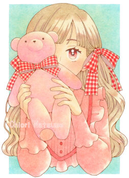 1girl brown_hair chiori_n colored_pencil_(medium) commentary_request dress hair_ribbon holding holding_stuffed_toy long_hair looking_at_viewer original pink_dress red_eyes ribbon solo stuffed_animal stuffed_toy teddy_bear traditional_media upper_body wavy_hair