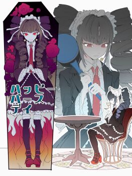 1girl absurdres black_hair black_jacket black_thighhighs celestia_ludenberg center_frills chair commentary_request danganronpa:_trigger_happy_havoc danganronpa_(series) drill_hair earrings fire flower frills gothic_lolita hammer highres holding holding_hammer jacket jewelry lolita_fashion long_hair long_sleeves necktie red_eyes red_flower red_necktie red_rose red_shoes redramcvcvcv rose shirt shoes sitting skirt smile table thighhighs twin_drills twintails