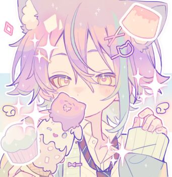 Rule 34 | 1boy, animal ear fluff, animal ears, arms up, blue hair, blue jacket, blush, cat ears, collared shirt, dot nose, double-parted bangs, food, hair between eyes, hair ornament, hairclip, holding, holding ice cream cone, ice cream, ice cream cone, jacket, kamishiro rui, kemonomimi mode, long sleeves, male focus, muffin, multicolored hair, multicolored necktie, necktie, open collar, pastel colors, project sekai, pudding, purple hair, school uniform, shirt, short hair, sleeves past wrists, solo, streaked hair, striped clothes, striped necktie, upper body, uu 22233, white shirt, yellow eyes