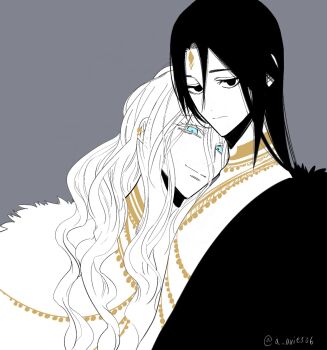2boys black_hair black_vs_white blue_eyes brothers closed_mouth colored_eyelashes commentary_request expressionless forehead_jewel fur_trim gold_necklace grey_background hades_(ohitsuji_ei) hair_between_eyes highres jewelry jitome leaning_on_person long_hair long_hair_between_eyes looking_at_viewer multiple_boys necklace ohitsuji_ei open_clothes open_robe parted_bangs partially_colored robe siblings sideways_glance simple_background smile twitter_username upper_body wavy_hair white_eyelashes white_hair yukai_na_shintouki zeus_(ohitsuji_ei)