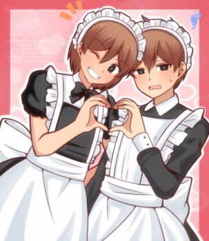 2boys alternate_costume black_bow black_bowtie black_eyes bow bowtie bright_pupils brothers brown_hair double-parted_bangs enmaided grin hair_between_eyes heart heart_hands heart_hands_duo hero_(faraway)_(omori) hero_(omori) highres hisaho kel_(faraway)_(omori) kel_(omori) long_sleeves looking_at_viewer maid maid_headdress male_focus multiple_boys omori one_eye_closed open_mouth puffy_short_sleeves puffy_sleeves short_hair short_sleeves siblings smile sweatdrop teeth twitter_username watermark white_pupils