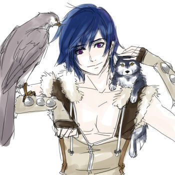 Rule 34 | 1boy, animal on arm, bird, bird on arm, blue hair, brown gloves, brown shirt, closed mouth, commentary request, fingerless gloves, fur-trimmed shirt, fur trim, gloves, hawk, looking at viewer, male focus, purple eyes, ragnarok online, shirt, short hair, simple background, sleeveless, sleeveless shirt, smile, sniper (ragnarok online), solo, toriria, upper body, white background, wolf cub