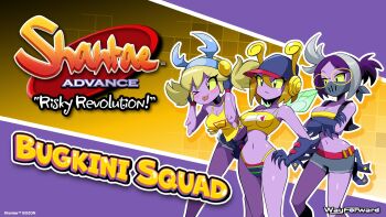 3girls :o arthropod_girl bare_shoulders barefoot bikini bikini_bottom_only bikini_under_clothes bird blonde_hair blue_bikini blue_bow blue_eyes bob_cut bow breasts buckshot_(shantae) claws cleavage_cutout clothing_cutout cloud colored_skin copyright_name curvy day glasses grey_eyes hair_between_eyes hair_bow hair_ornament happy hat heart highleg highleg_bikini highres insect_wings jawdrop_(shantae) large_breasts looking_ahead low_twintails multicolored_bikini multicolored_bikini_top multiple_girls naughty_face navel o-ring o-ring_bikini official_art one_eye_closed parted_bangs purple_hair purple_skin red_bikini sakurajyousui_nami shantae_(series) shantae_advance:_risky_revolution shiny_skin short_hair sidelocks slushfund_(shantae) splashing striped_bikini striped_clothes swimsuit thighs thong thong_bikini title twintails two-tone_bikini underboob wayforward wet wide_hips wings wink