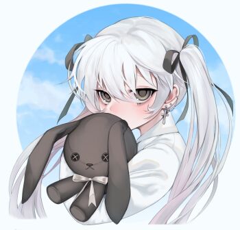 1girl blue_sky cross cross_earrings dress ear_piercing earrings grey_eyes hair_ribbon jewelry kasugano_sora long_hair looking_at_viewer ompf piercing ribbon sky solo stuffed_animal stuffed_rabbit stuffed_toy twintails upper_body white_dress white_hair yosuga_no_sora