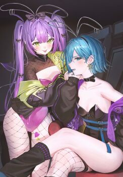 2girls :p absurdres alternate_costume animal_ear_hairband animal_ears bare_shoulders black_collar black_jacket black_leg_warmers black_leotard black_shrug blue_eyes blue_hair bow breasts can center-flap_bangs cleavage clothing_cutout collar commentary_request covered_navel demon_girl demon_tail double-parted_bangs earrings fake_animal_ears fishnet_pantyhose fishnet_shrug fishnet_thighhighs fishnets gloves green_eyes hair_between_eyes hair_bow hairband half_gloves highleg highleg_leotard highres hololive hoshimachi_suisei indoors jacket jewelry leg_warmers leotard long_hair long_sleeves looking_at_viewer multicolored_hair multicolored_jacket multicolored_leotard multiple_girls open_mouth pantyhose piercing pink_hair pink_leotard playboy_bunny pointy_ears puffy_long_sleeves puffy_sleeves purple_hair purple_jacket rabbit_ear_hairband rabbit_ears sanada_keisui short_hair shrug_(clothing) single_off_shoulder single_thighhigh small_breasts star_(symbol) star_earrings star_in_eye strapless strapless_leotard streaked_hair symbol_in_eye tail tail_ornament tail_piercing tail_through_clothes thighhighs tokoyami_towa tongue tongue_out twintails two-tone_jacket two-tone_leotard very_long_hair virtual_youtuber