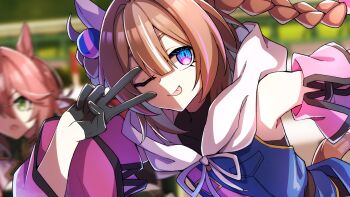 2girls ;p animal_ears bare_shoulders black_gloves blue_eyes blue_vest braid brown_hair commentary_request detached_sleeves ear_covers genderswap genderswap_(mtf) gloves hair_ornament highres horse_ears horse_girl meisho_tabaru_(racehorse) multicolored_eyes multicolored_hair multiple_girls one_eye_closed original personification pink_eyes pink_hair pom_pom_(clothes) pom_pom_hair_ornament ruisuke solo_focus streaked_hair tastiera_(racehorse) tongue tongue_out twin_braids two-tone_eyes umamusume v v_over_eye vest