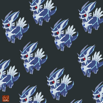 animal_focus artist_logo artist_name black_sclera closed_mouth colored_sclera commentary_request dialga full_body gen_4_pokemon green_background legendary_pokemon logo looking_to_the_side nintendo no_humans patterned pokemon pokemon_(creature) red_eyes simple_background smile solo standing yuki00yo