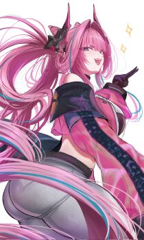 1girl aqua_hair arknights arknights:_endfield black_gloves blue_eyes commentary_request cone_hair_bun cowboy_shot crop_top double_bun from_side gloves hair_bun hair_intakes hair_on_horn highres horns long_hair looking_to_the_side multicolored_hair multicolored_horns open_mouth pants penguintake pink_hair simple_background solo sparkle streaked_hair two-tone_horns very_long_hair white_background white_pants yvonne_(arknights)