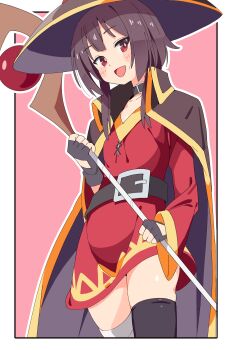 1girl :d absurdres asymmetrical_legwear bandaged_leg bandages belt black_belt black_cape black_choker black_gloves black_hair black_thighhighs blush border brown_hair cape choker collar commentary_request cowboy_shot dress fingerless_gloves gloves hat highres holding holding_staff kono_subarashii_sekai_ni_shukufuku_wo! long_sleeves looking_at_viewer mage_staff megumin noyama_takenoko open_mouth pink_background red_dress red_eyes short_dress short_hair short_hair_with_long_locks simple_background single_thighhigh smile solo staff thighhighs white_border wide_sleeves witch_hat zettai_ryouiki
