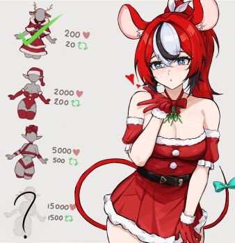 1girl alternate_hairstyle black_streaks blowing_kiss blue_bow blue_eyes blush bow breasts choker cleavage dress fur-trimmed_dress fur-trimmed_gloves fur_trim gloves hakos_baelz highres hololive hololive_english long_hair looking_at_viewer medium_breasts mouse_girl mouse_tail multicolored_hair red_choker red_dress red_hair solo streaked_hair tail tail_bow tail_ornament ttsyrene virtual_youtuber white_streaks