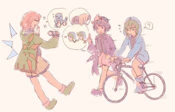 3others ? ^_^ annoyed asymmetrical_wings bare_legs bicycle bikini black_hat black_shirt blue_boots blue_jacket blue_wings boots brown_shorts camcorder camera closed_eyes coattails collared_shirt crystal_wings detached_wings floating flying_sweatdrops frilled_headwear frilled_shorts frills green_boots green_hair green_jacket grey_shorts hair_between_eyes hand_on_own_face happy hat high_collar highres holding holding_camera hood hood_down hood_up hooded_jacket jacket laughing len&#039;en long_sleeves looking_at_another merry_765 mismatched_wings mob_cap motion_lines multiple_others nervous open_clothes open_jacket open_mouth pink_shorts pointing pointing_up pointy_nose purple_boots purple_eyes purple_hair purple_jacket red_hair red_wings riding riding_bicycle running shirt shitodo_aoji shitodo_hooaka shitodo_kuroji short_hair shorts siblings simple_background smile socks speech_bubble speed_lines spoken_character spoken_question_mark sweatdrop swimsuit teeth triangular_headpiece upper_teeth_only video_camera white_background white_socks wings