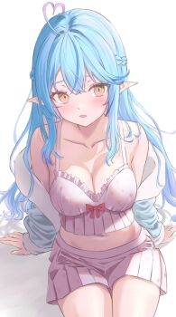 1girl ahoge aqua_jacket bare_shoulders blue_hair blush breasts camisole cleavage collarbone commentary_request elf fluffy_clothes fur-trimmed_jacket fur-trimmed_sleeves fur_trim hair_between_eyes hair_ornament highres hololive jacket large_breasts long_sleeves looking_at_viewer loungewear midriff namakatsu navel official_alternate_costume open_clothes open_jacket open_mouth pointy_ears polka_dot polka_dot_camisole short_hair skirt sleepwear solo stomach upper_body virtual_youtuber white_camisole white_skirt yellow_eyes yukihana_lamy yukihana_lamy_(roomwear)